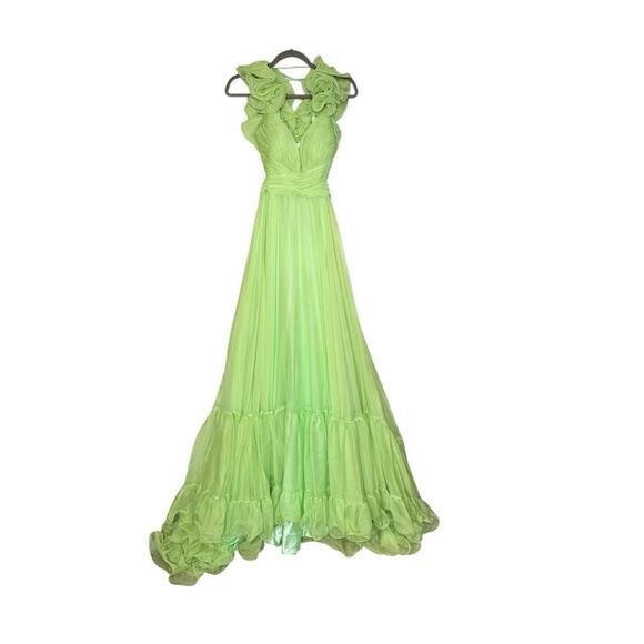 Mac Duggal 67911 Ruffle Tiered Cut-Out Chiffon Gown in Green | Size 6 - Picture 8 of 15